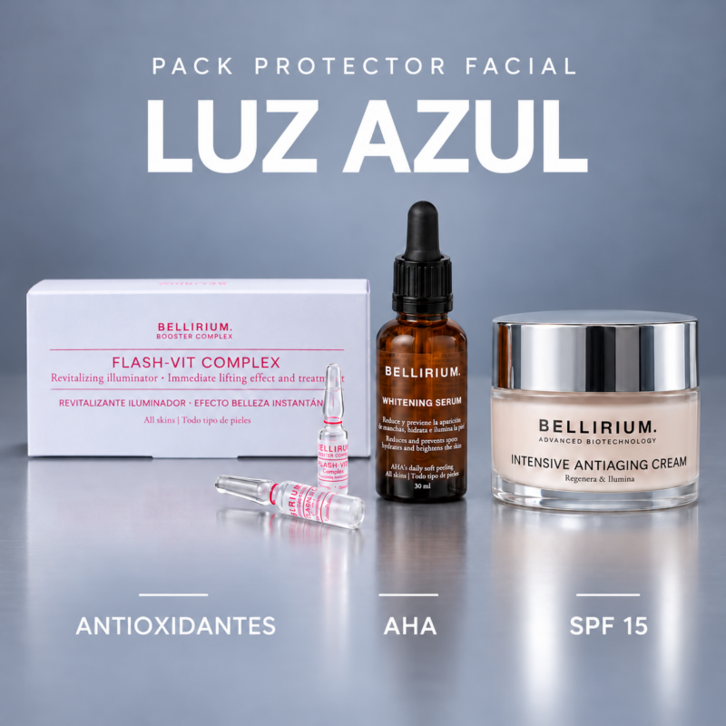 Pack protector facial Luz Azul de BELLIRIUM con Flash-Vit Complex, Whitening Serum e Intensive Antiaging Cream sobre fondo gris.